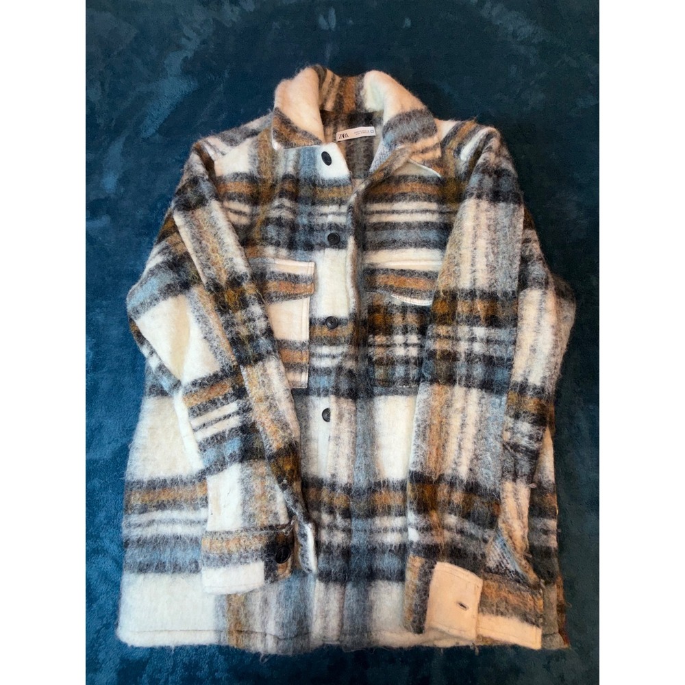 Zara Mens Plaid Shacket Jacket Cream Grey Ochre Wool Blend Size Medium M
